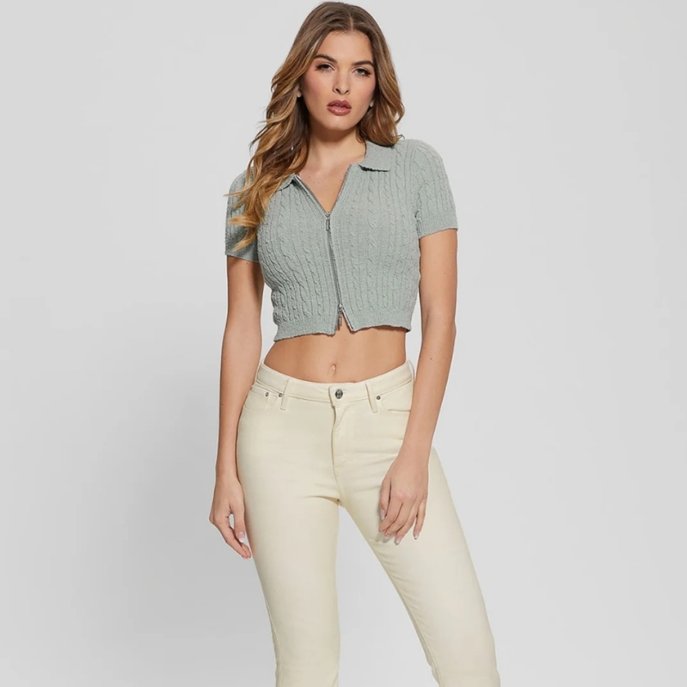 NWT Women's Guess Sage Green Two-Way Zip Knit Kora Top Size Medium